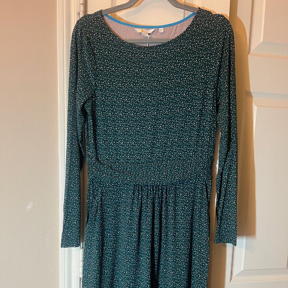 NWT Women's Boden Navy Blue Midi Dress with Cream Blue & Green Dots - US 8R